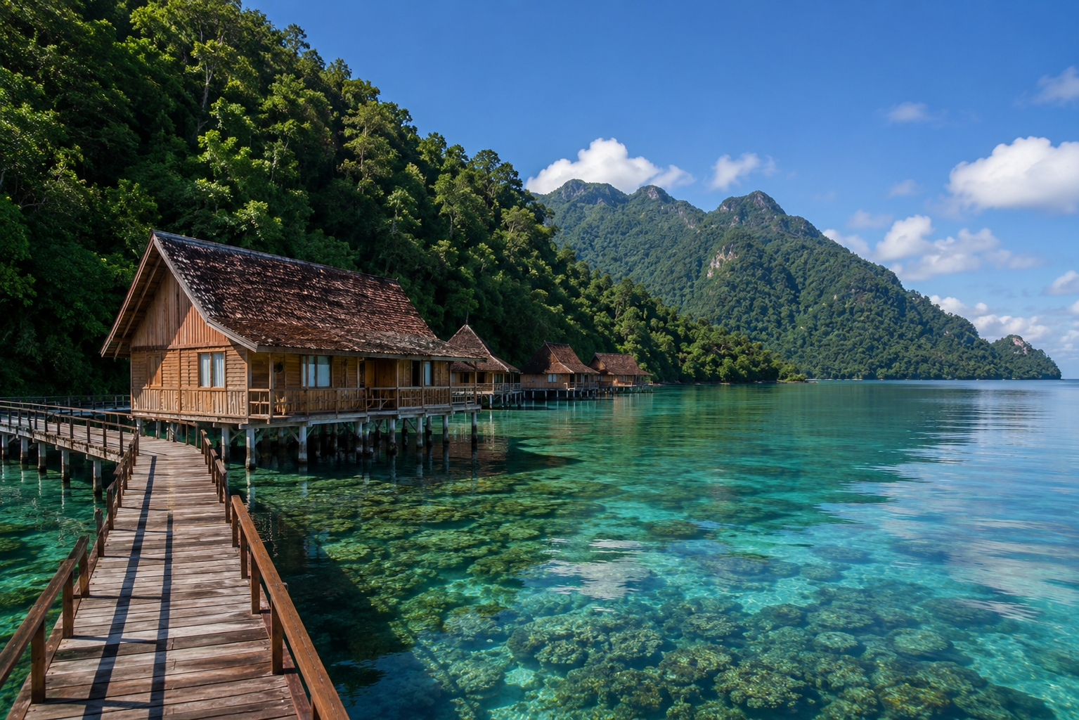 Holzbungalows auf Stelzen mit Blick auf eine türkisfarbene Bucht, umgeben von bewaldeten Bergen