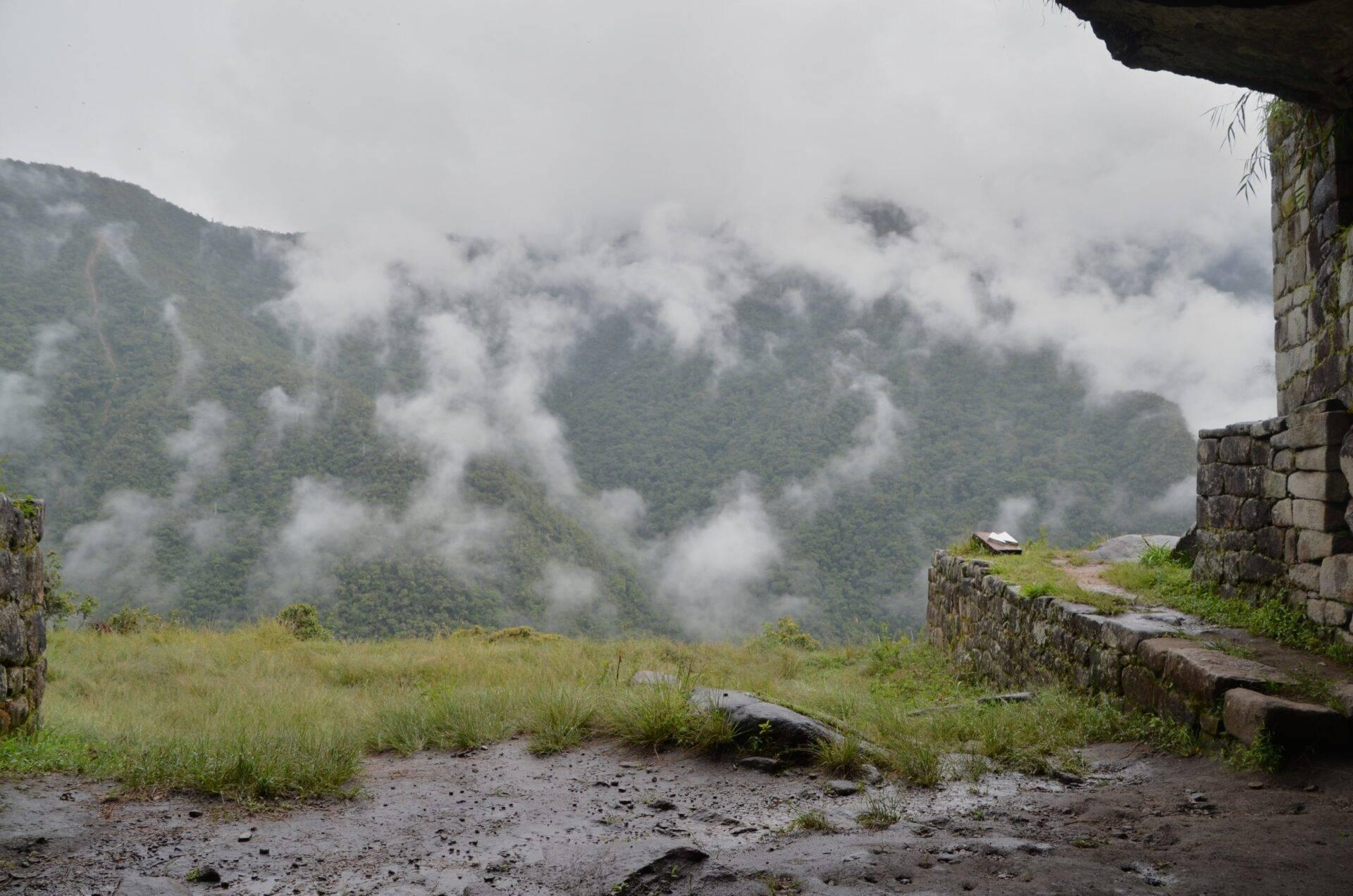 Vista desde las ruinas de un templo de piedra hacia montañas cubiertas de densa vegetación y espesa niebla