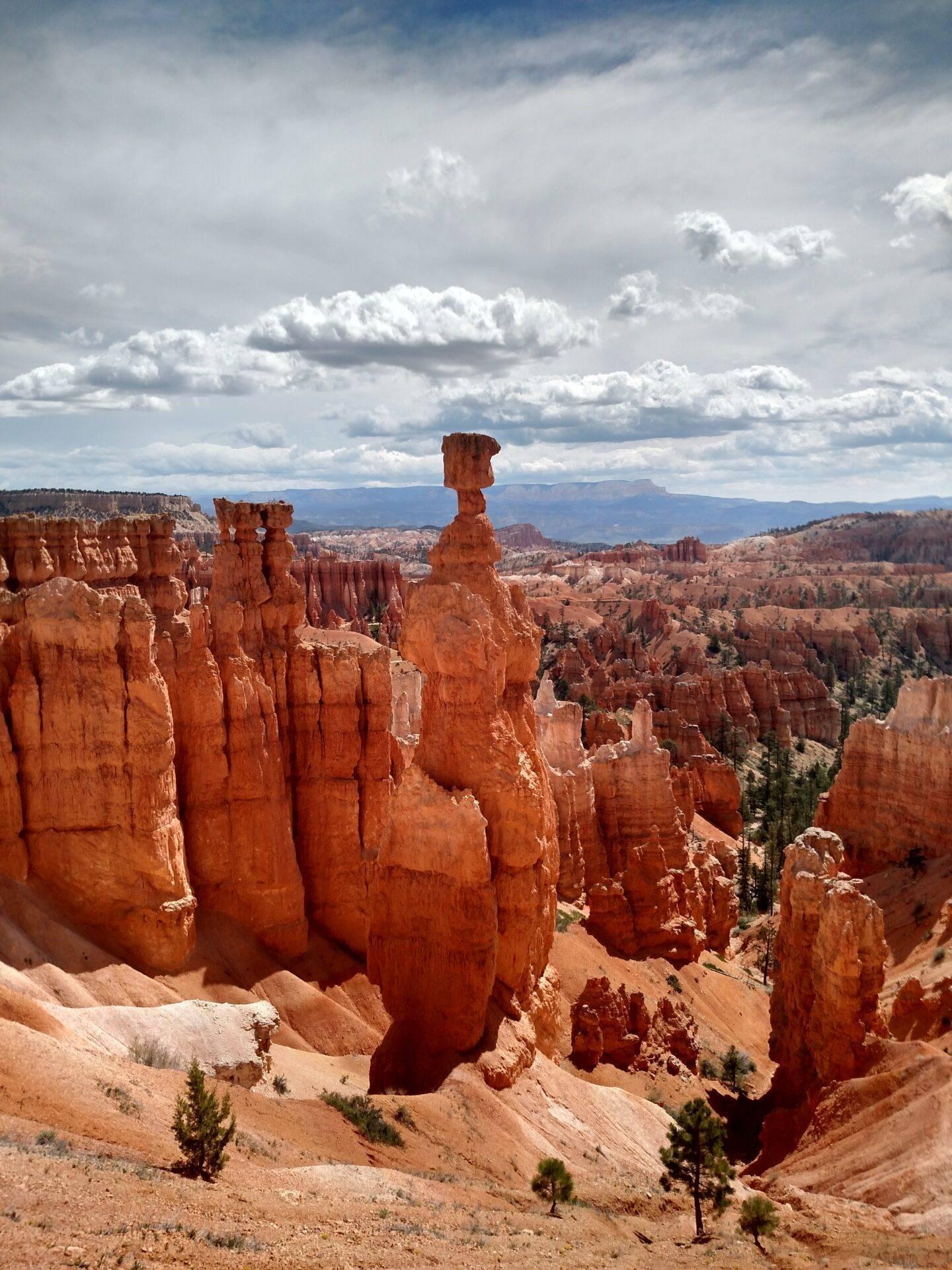 Spektakuläre rote Felsformationen und Hoodoos in einem natürlichen Wüstenamphitheater unter bewölktem Himmel