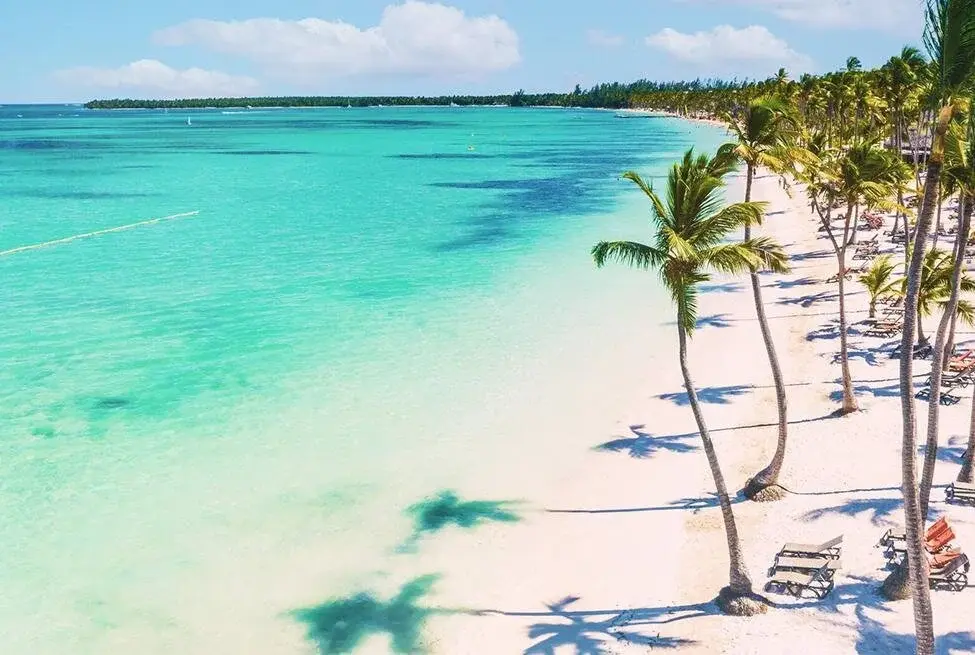 Spiaggia di sabbia bianca con palme e acqua turchese cristallina ai Caraibi