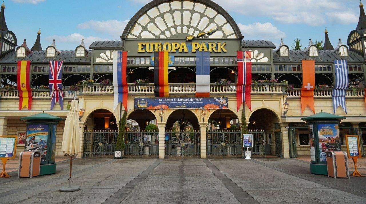 L’ingresso maestoso di un parco di divertimenti europeo con architettura Belle Époque e bandiere nazionali colorate