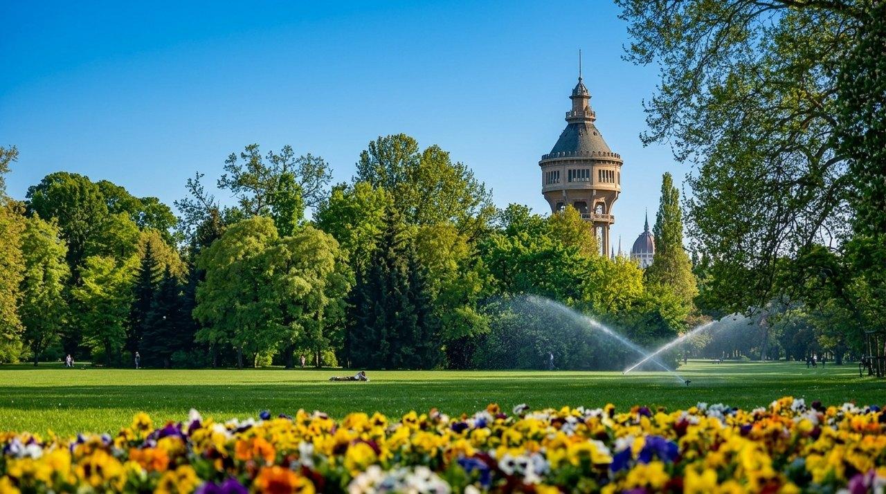 Un parque verde con parterres de flores de colores, torre de castillo al fondo y surtidor de agua regando el césped