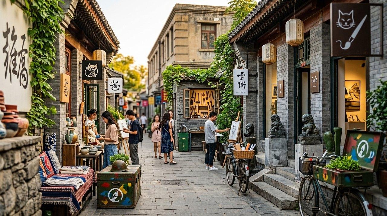 Callejón empedrado de una ciudad china antigua con tiendas de arte, faroles decorativos y visitantes paseando entre edificios de piedra
