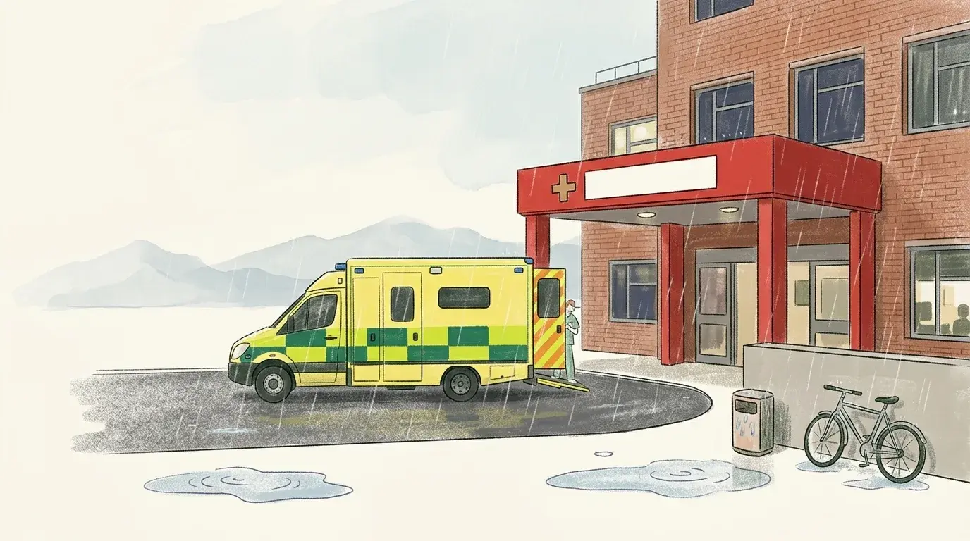 Illustration d'une ambulance jaune-verte devant un hôpital en brique rouge sous la pluie, avec montagnes au loin