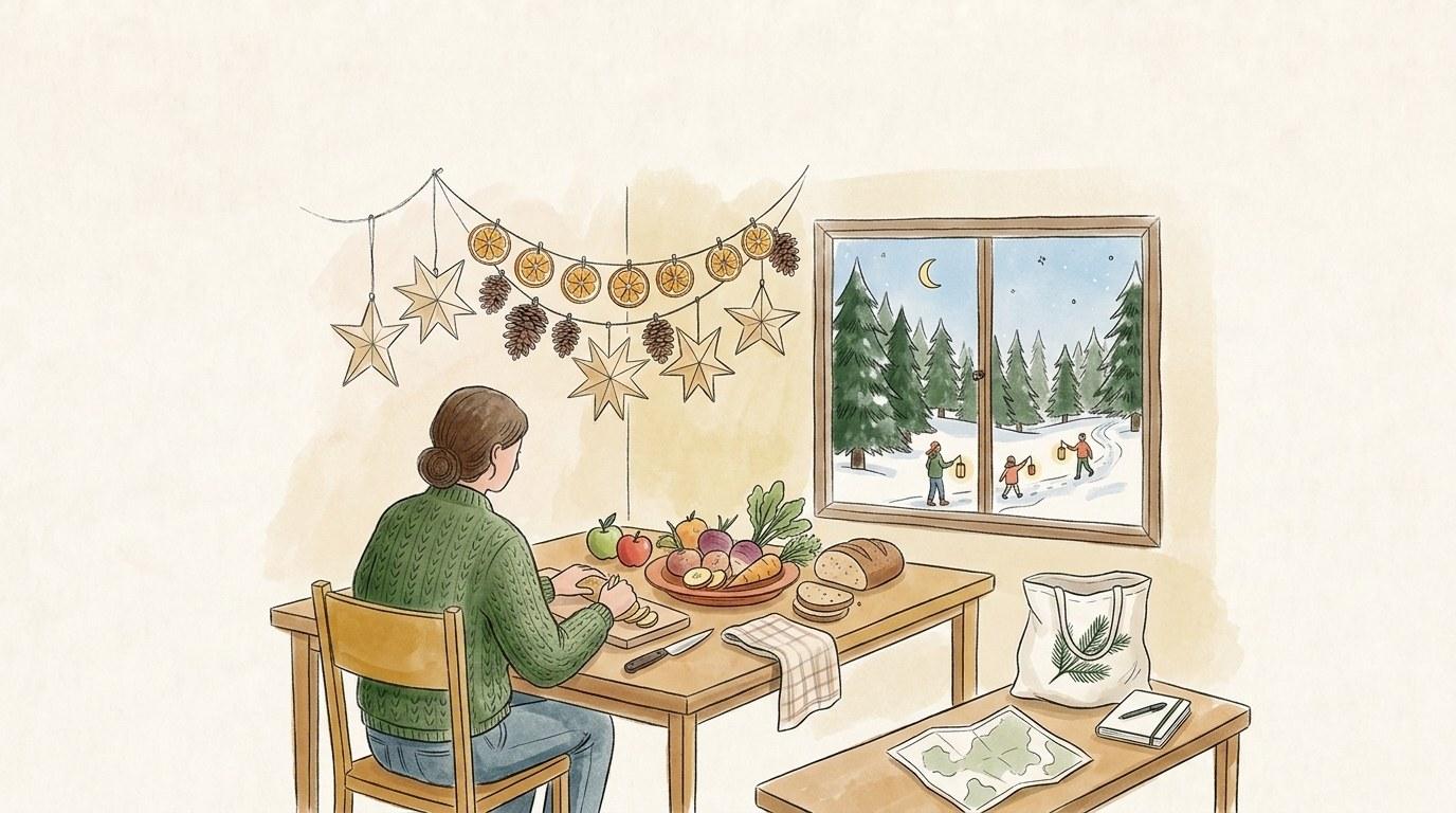Table de réveillon festive décorée d'éléments naturels et de bougies, entourée d'amis partageant un repas local de saison