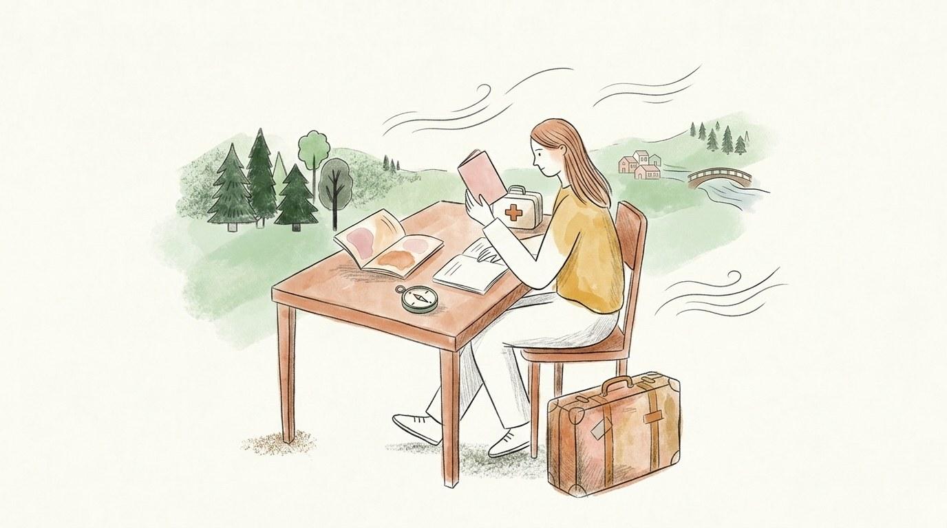 Voyageuse vérifiant son passeport et ses documents de voyage à une table, valise posée à côté, illustration aquarelle