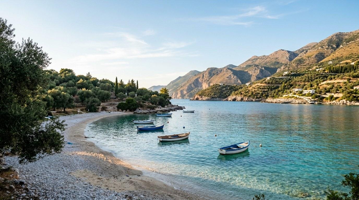 Blick auf eine türkisfarbene Bucht an der albanischen Riviera, Strand gesäumt von Olivenbäumen und Bergen im Hintergrund