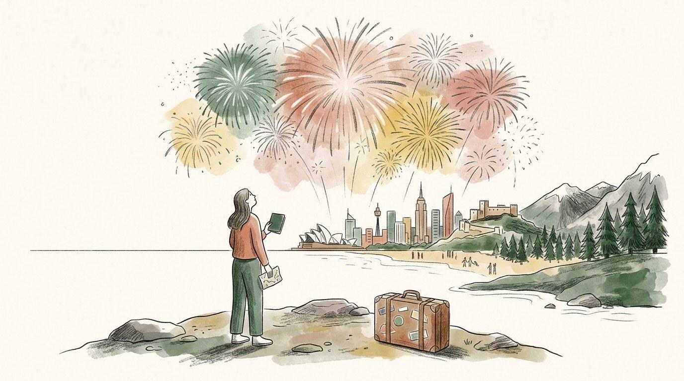 Feux d'artifice colorés illuminant un port emblématique lors des célébrations du Nouvel An