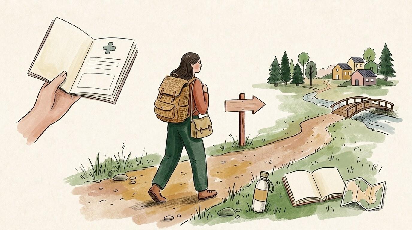 Voyageur avec sac à dos marchant dans un paysage naturel préservé, entouré de forêt