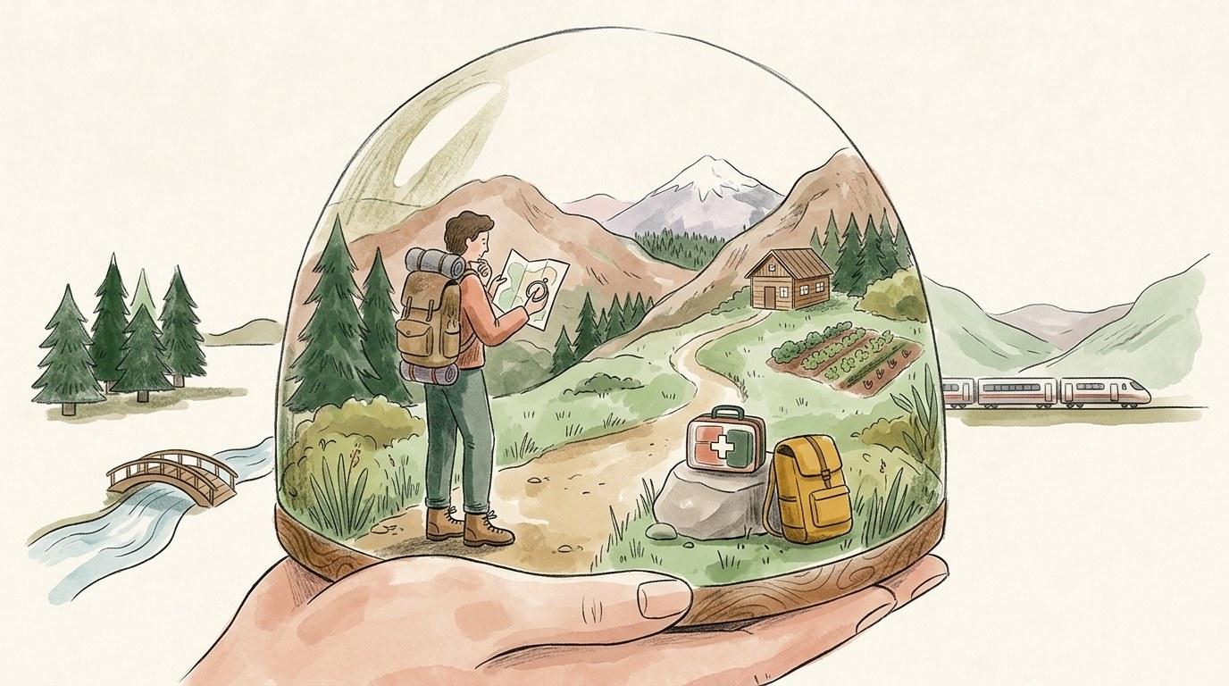Voyageur avec sac à dos marchant dans un paysage naturel préservé