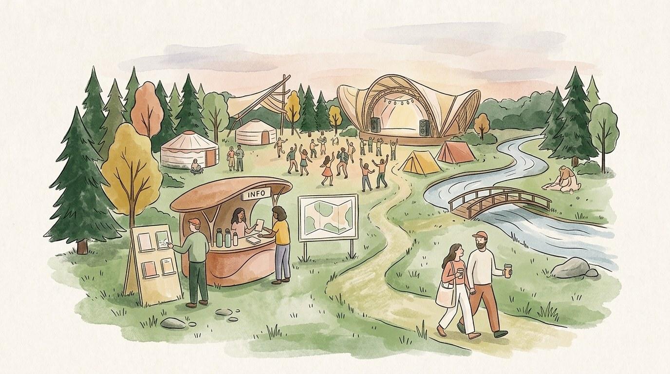 Festival en plein air avec scène illuminée entourée de verdure, panneaux solaires visibles en arrière-plan