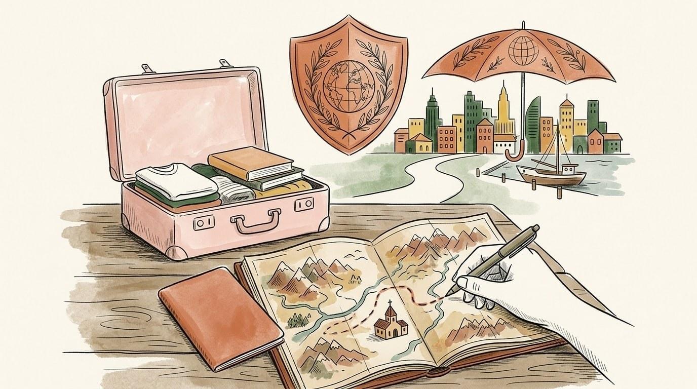Carte bancaire Visa Premier et passeport posés sur une carte du monde avec des billets d'avion, symbole de l'assurance voyage embarquée dans la carte bancaire premium