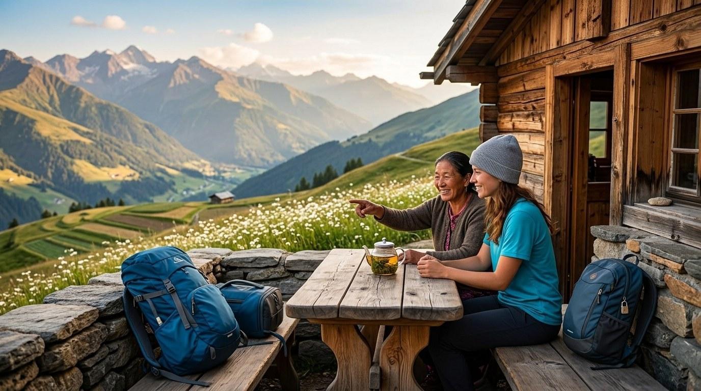 Due donne conversano attorno a un tavolo in montagna alpina, con valle fiorita e chalet in legno sullo sfondo