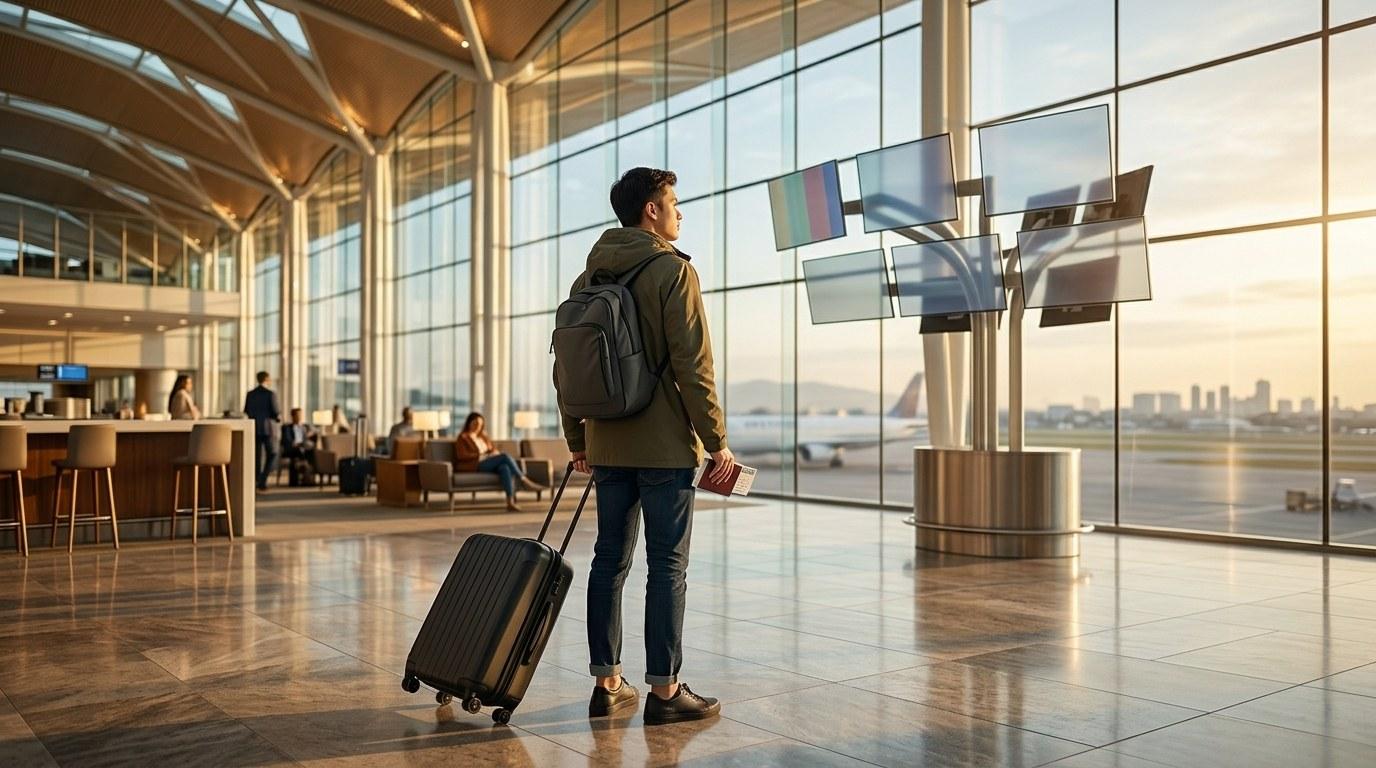 Un viaggiatore con zaino e valigia osserva il panorama urbano dal terminal di un moderno aeroporto con grandi vetrate
