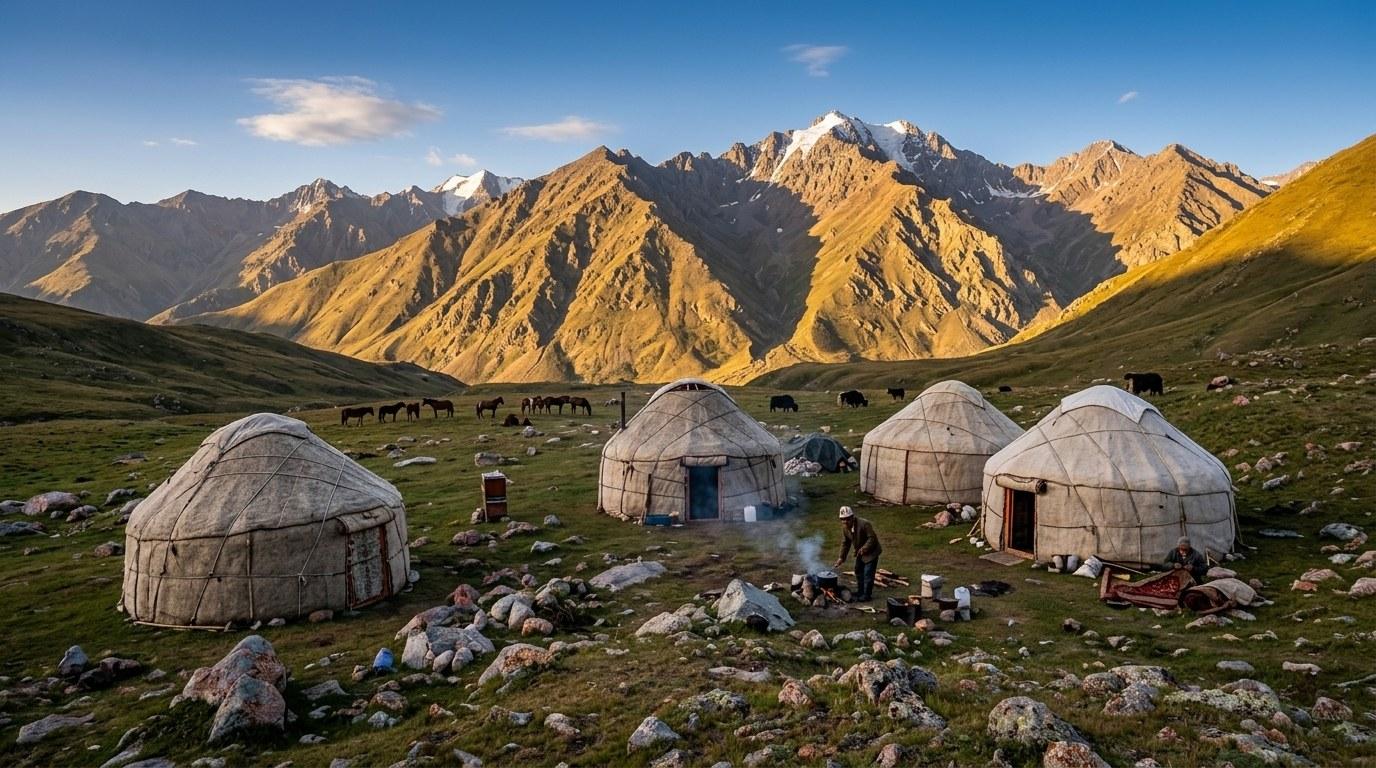 Nomadenlager mit traditionellen Jurten in einem Hochalpental, umgeben von majestätischen schneebedeckten Bergen