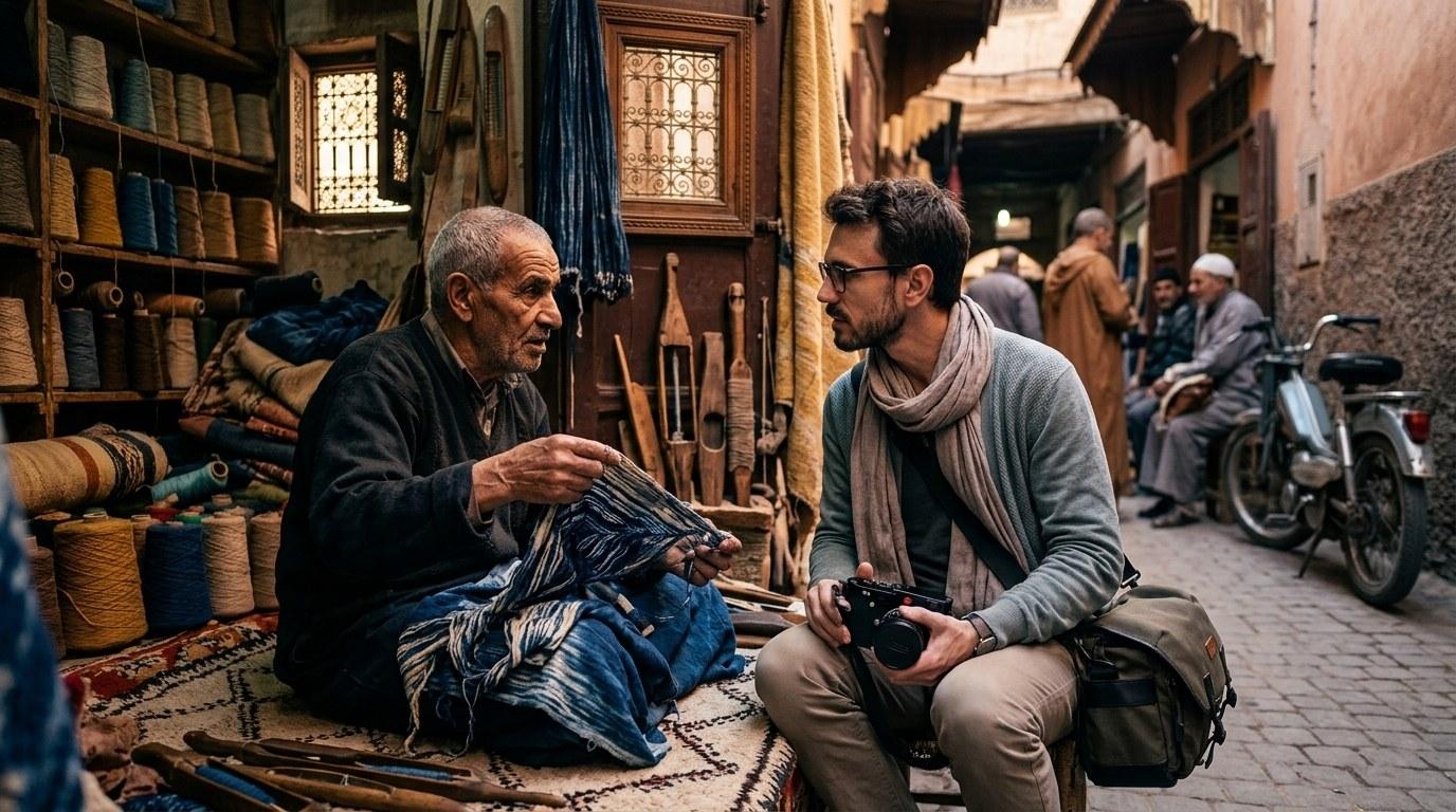 Ein reisender Fotograf im Gespräch mit einem Handwerker in einer Medina, umgeben von Textilien und traditionellen Objekten