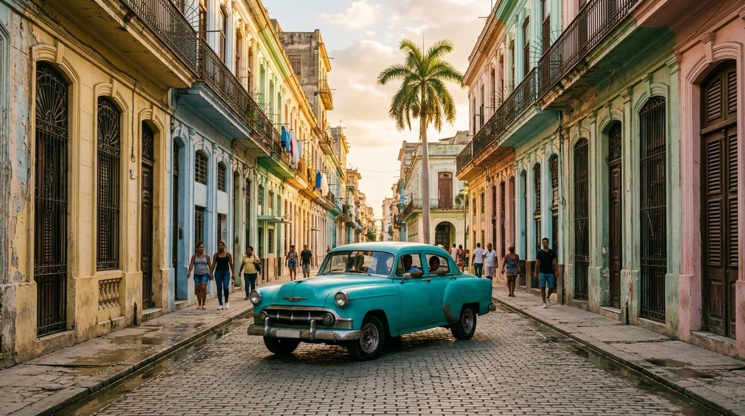 Via dell’Avana a Cuba, facciate coloniali pastello e vecchia automobile americana turchese sotto la luce dorata