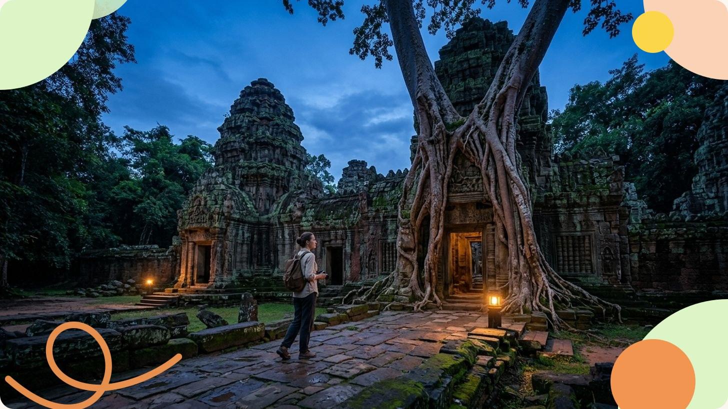 Ruines de temple khmer avec tours sculptées entourées de végétation tropicale et ciel dégagé au Cambodge