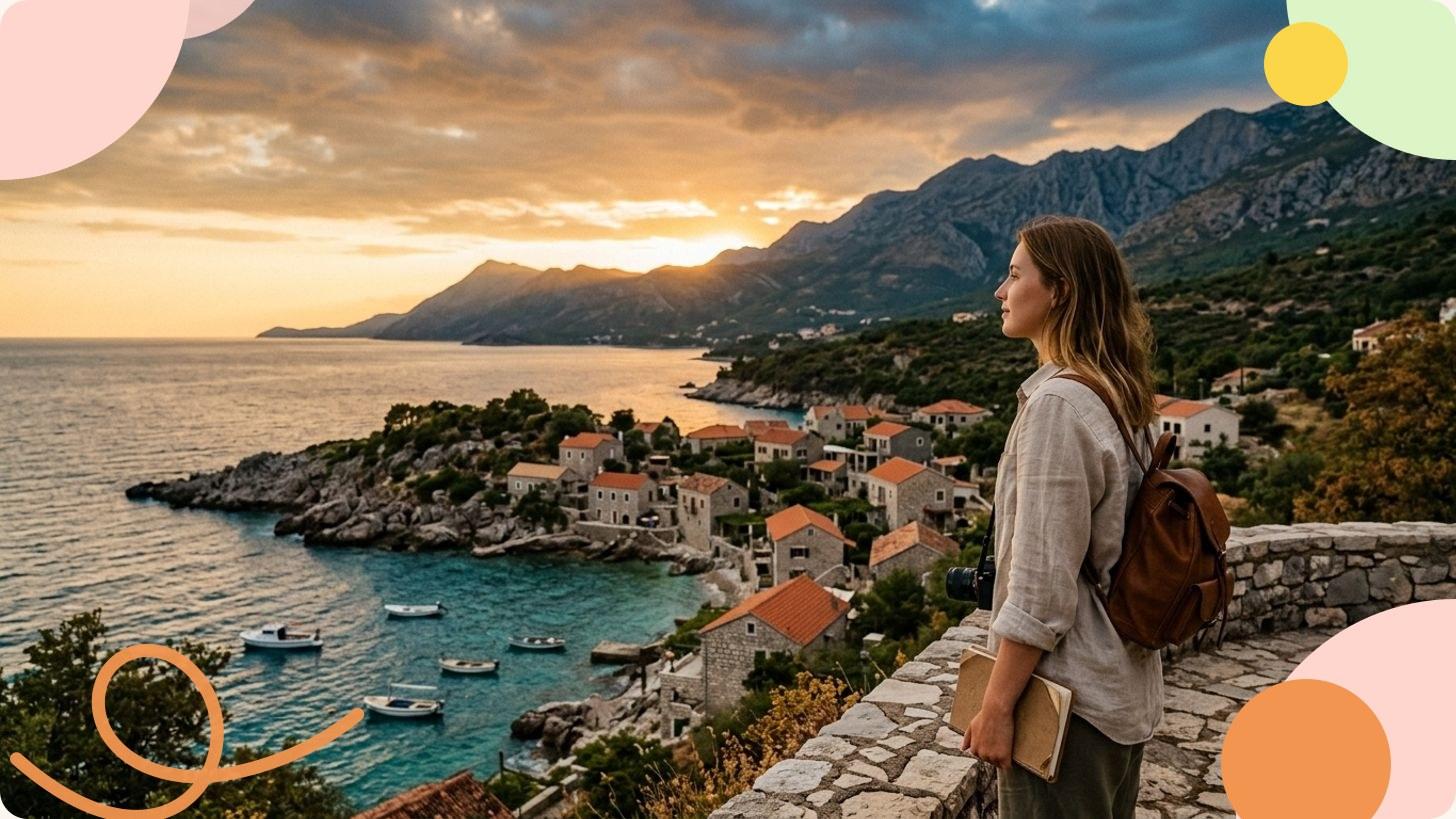 Voyageuse contemplant une baie adriatique au soleil couchant, village de pierre aux toits rouges et montagnes