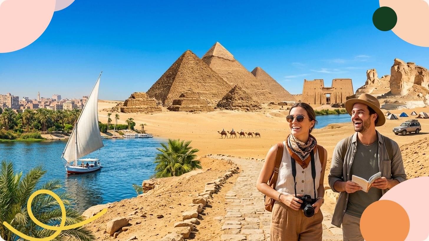 Pyramides de Gizeh et Grand Sphinx dans le désert égyptien sous un ciel bleu dégagé