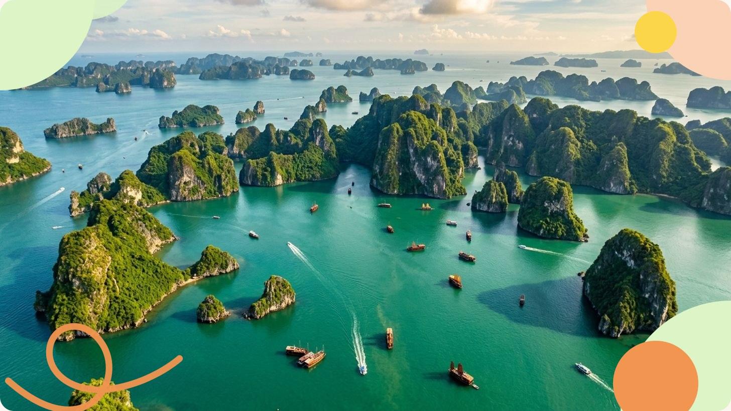 Baie tropicale au Vietnam avec formations karstiques calcaires, végétation luxuriante et jonques traditionnelles