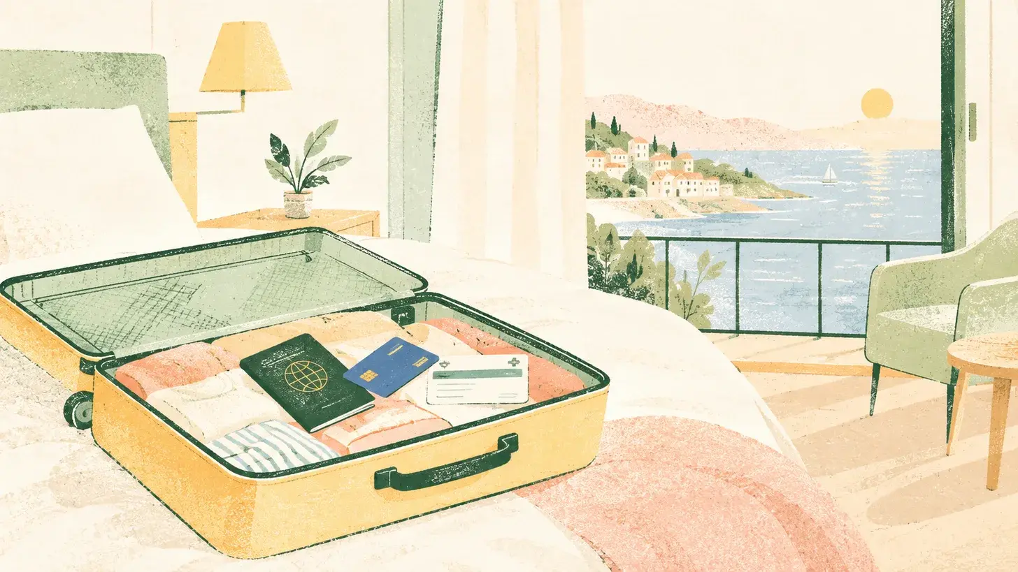 Valise ouverte contenant documents de voyage dans une chambre d'hôtel avec vue méditerranéenne pittoresque en arrière-plan