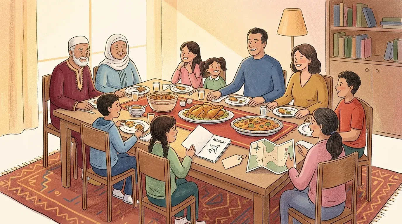 Une table familiale dressée pour un repas de fêtes, plusieurs générations réunies, lumière chaude d’intérieur, aucun écran visible.