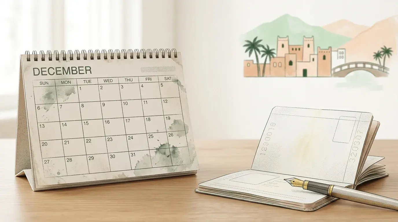 Un calendrier mural de fin d’année posé sur un bureau à côté d’un passeport et d’un stylo, sans texte lisible ni écran.