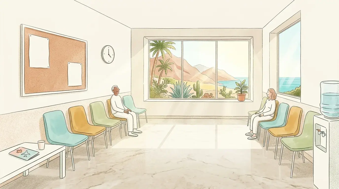 Salle d’attente médicale avec vue sur un paysage tropical des Canaries par la fenêtre