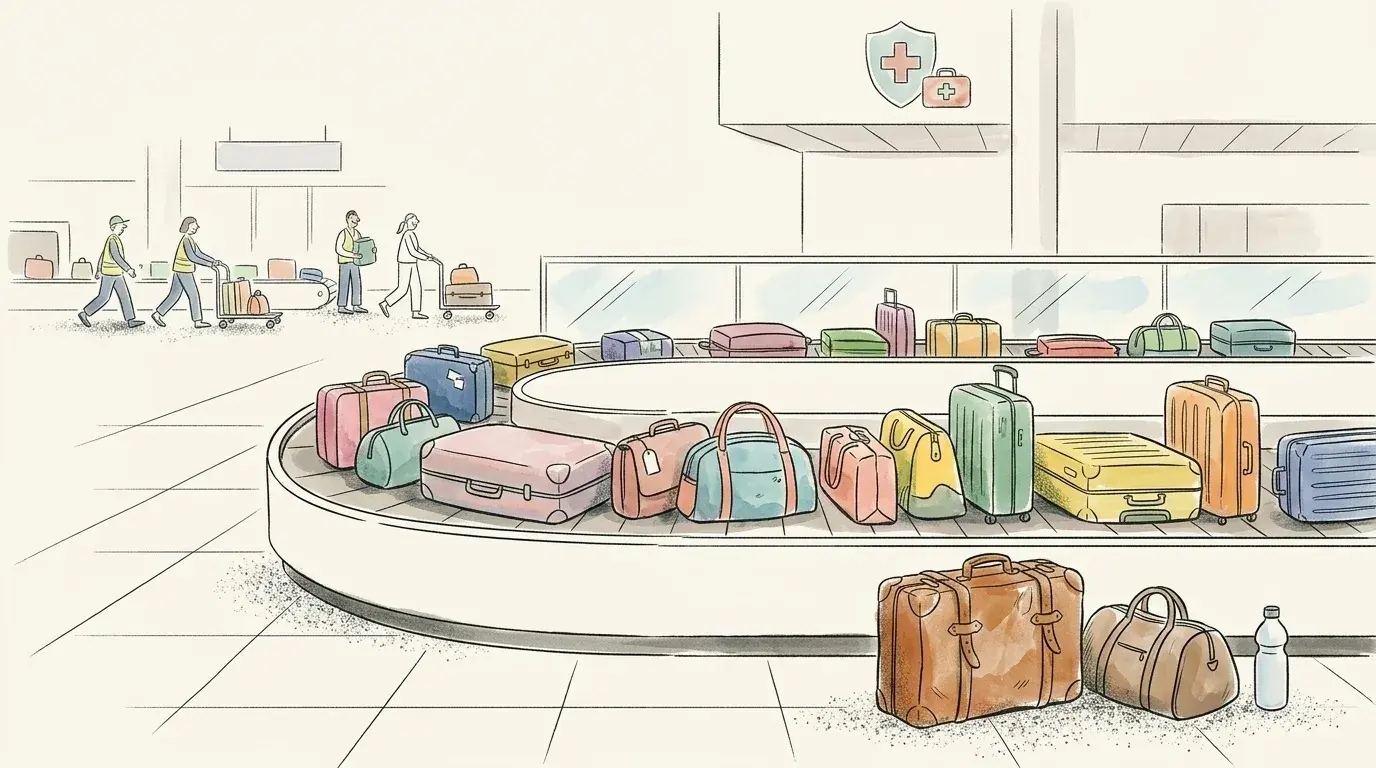 Scène d’aéroport avec voyageurs en file, tapis roulant de bagages colorés et symbole médical pour l’assurance
