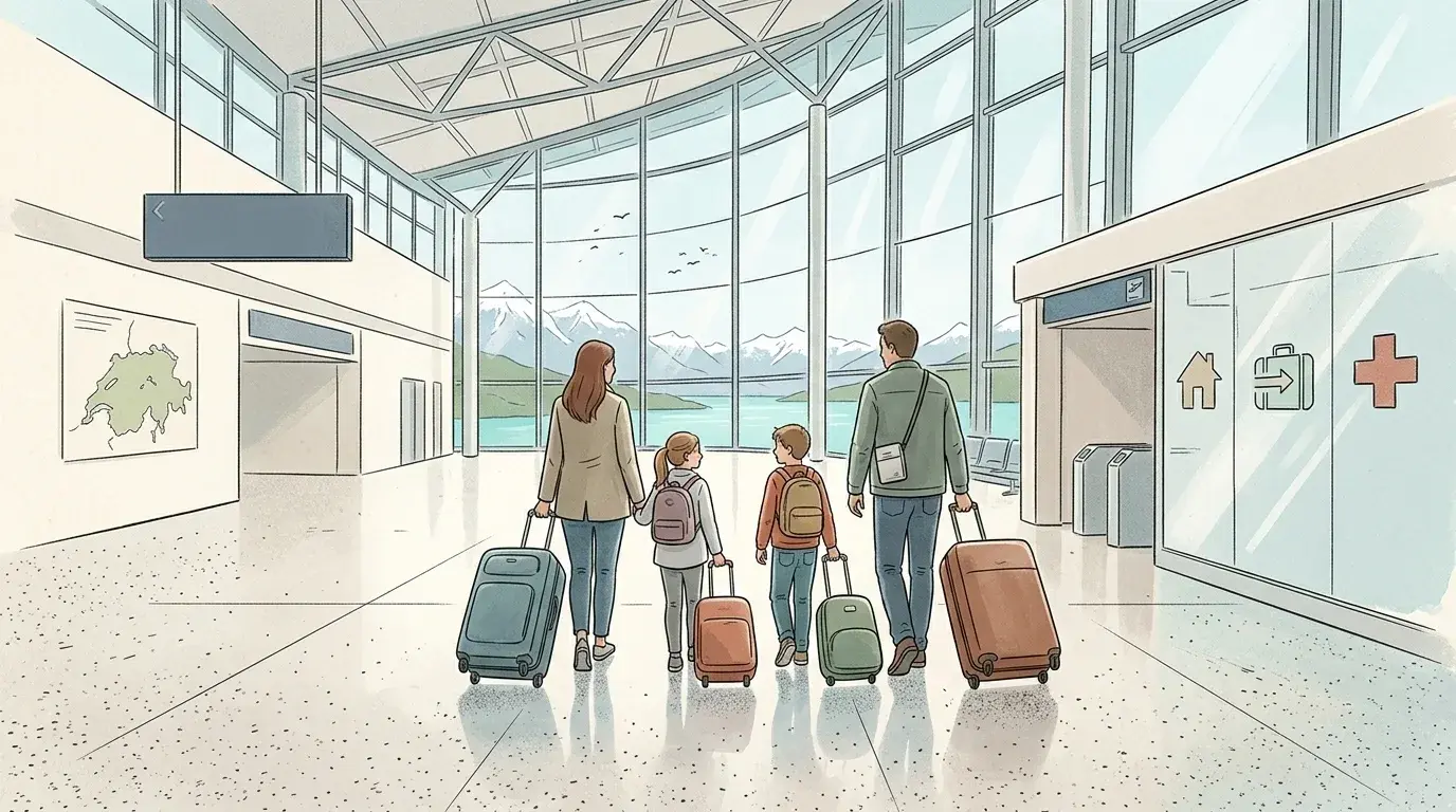 Une famille avec deux enfants et leurs valises traverse un terminal d’aéroport lumineux vers les portes d’embarquement, montagnes enneigées visibles à travers les vitres