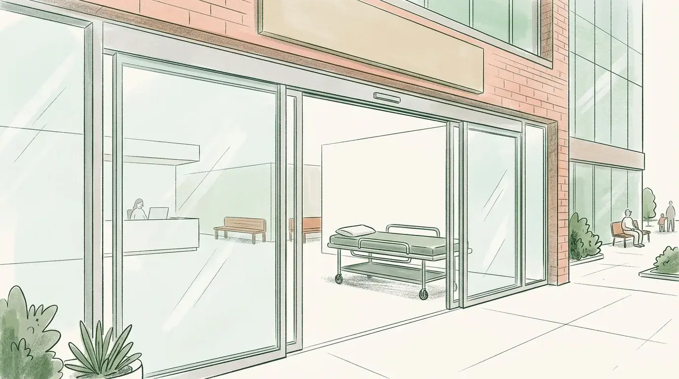 Illustration stylisée d’un bâtiment sanitaire avec façade vitrée montrant intérieur avec accueil, lit médical et personnel
