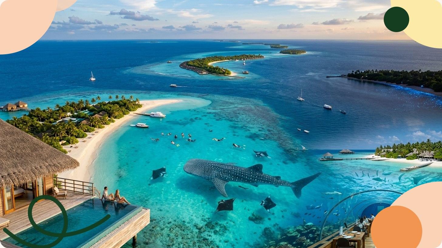 Vista aerea di un atollo delle Maldive con laguna turchese, barriere coralline e bungalow sull'acqua