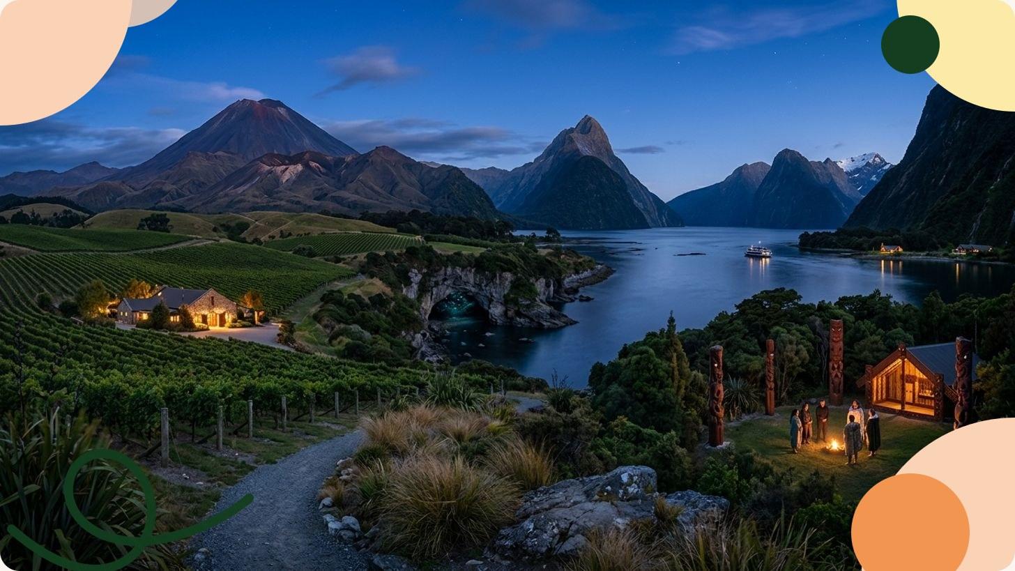 Fiordo della Nuova Zelanda con scogliere rocciose, foreste dense e acque azzurre calme sotto un cielo luminoso