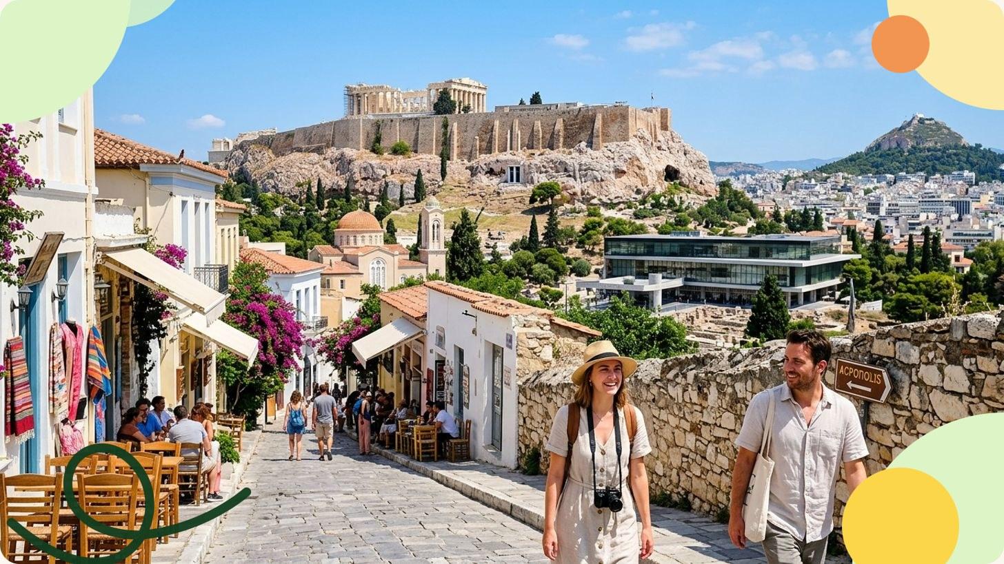 Les ruines du Parthénon sur l'Acropole d'Athènes dominant la ville sous un ciel bleu avec des visiteurs