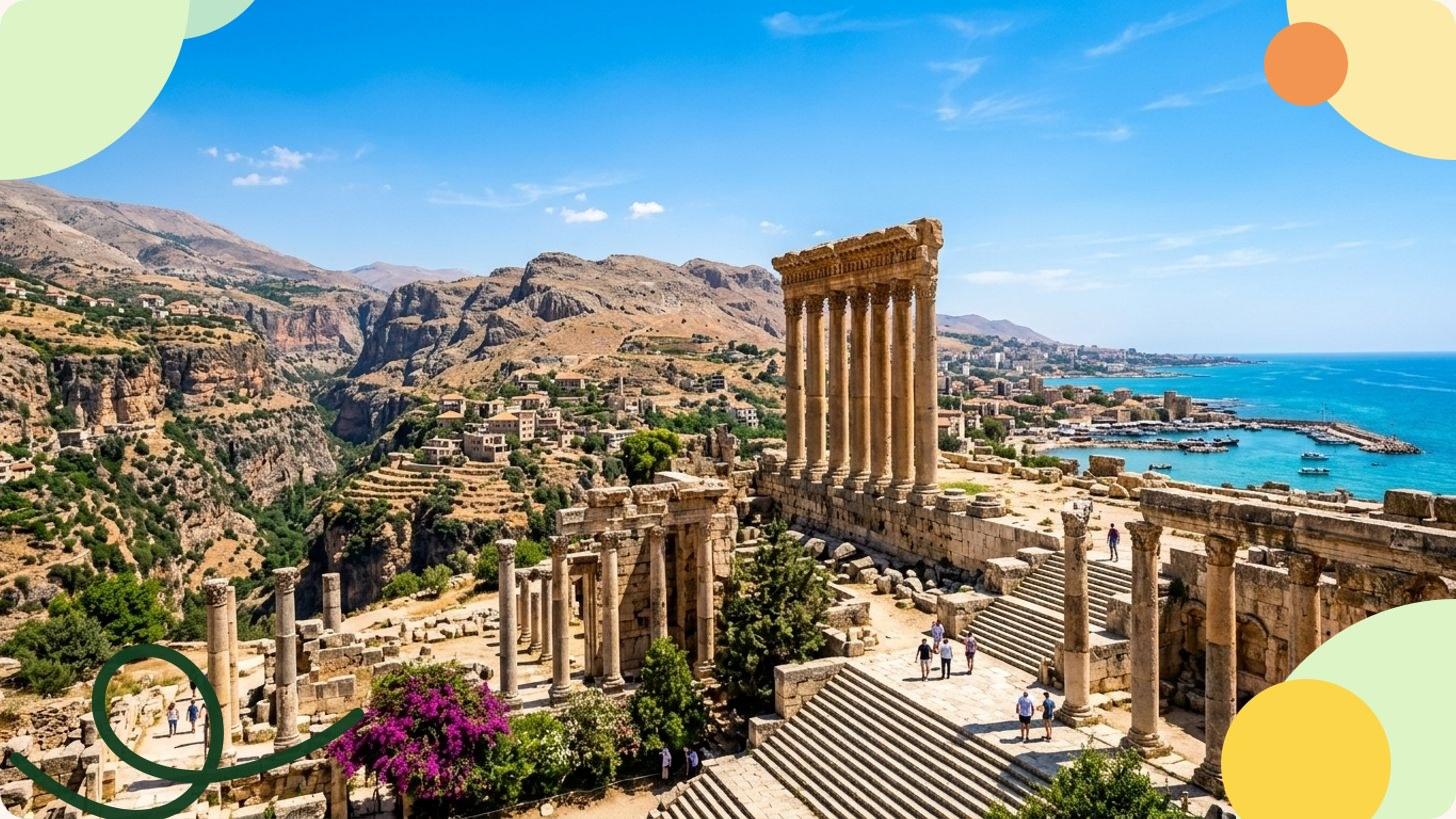 Templo romano de Baalbek con imponentes columnas corintias y escalinatas de piedra bajo el cielo azul, Líbano