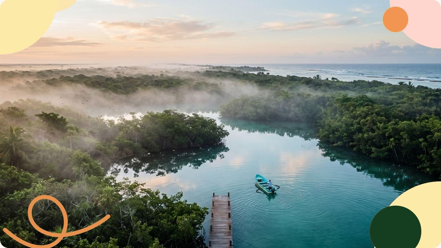 Lagune von Sian Ka'an, umgeben von üppigen Mangroven unter tropischem Himmel, Quintana Roo, Mexiko