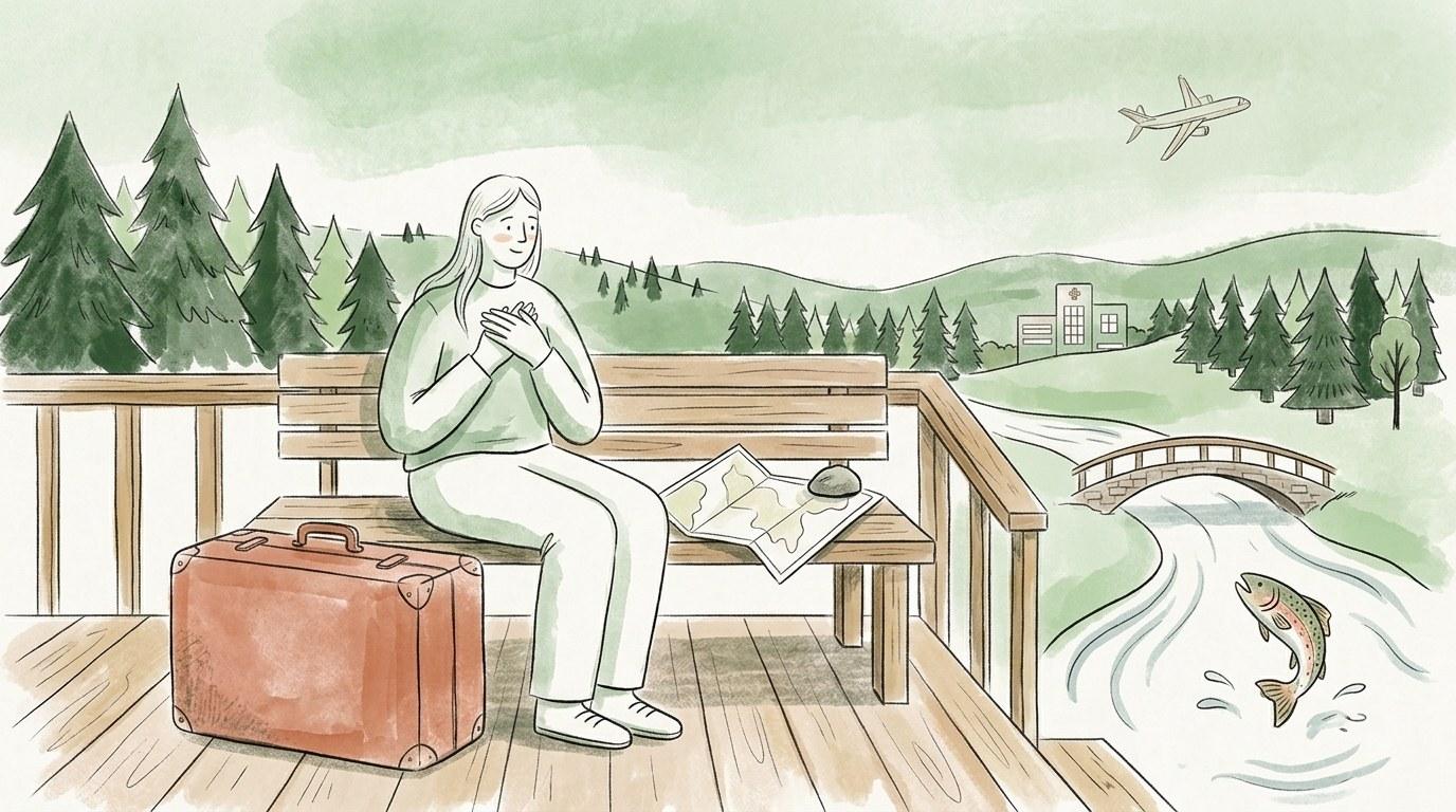 Voyageur avec sac à dos contemplant un paysage naturel préservé au lever du soleil