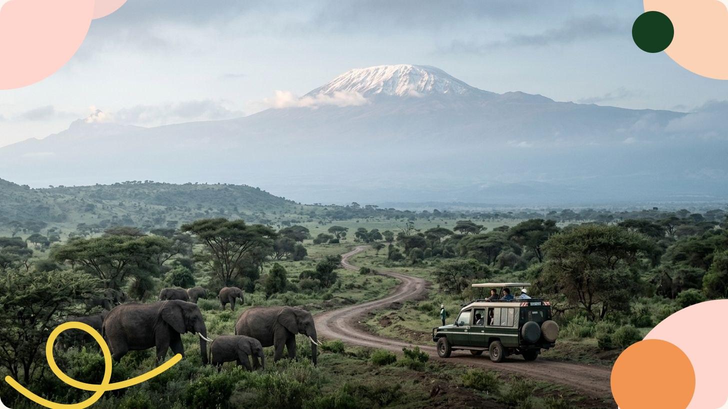 Savane africaine au coucher de soleil avec un acacia isolé et des montagnes en arrière-plan, Tanzanie