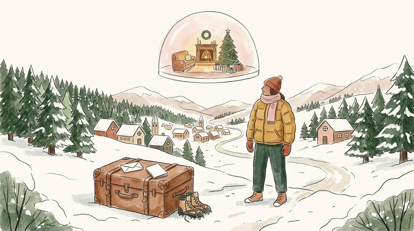 Famille à l'aéroport avec valises et cadeaux pendant les vacances de Noël hivernal