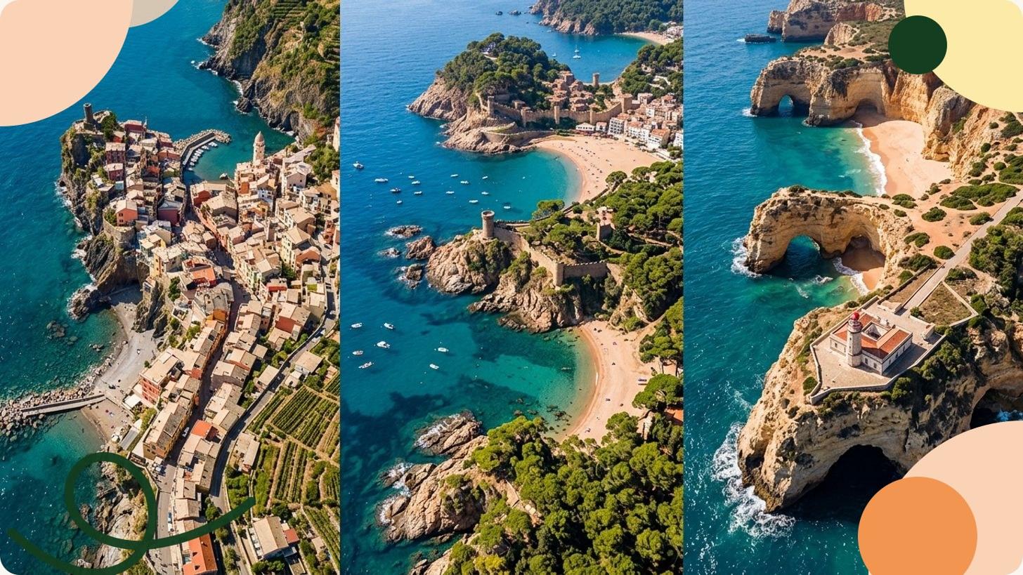 Côte méditerranéenne d'Europe du Sud avec village coloré accroché aux falaises et mer bleue turquoise