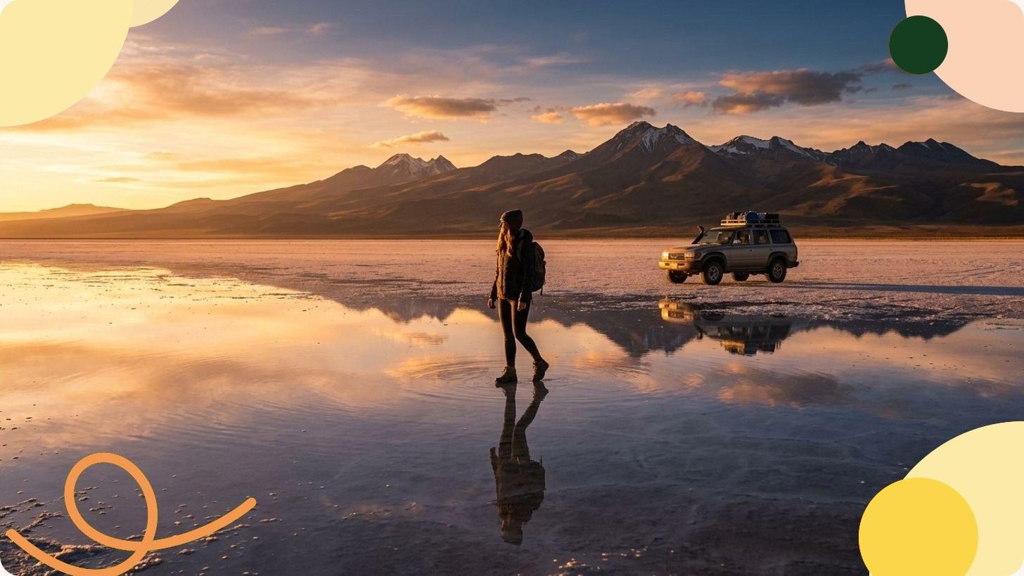 Geländefahrzeug durchquert die weite weiße Salzwüste des Salar de Uyuni in Bolivien unter makellos blauem Himmel