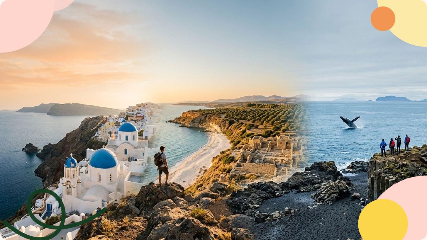 Vue sur les îles grecques en été, mer turquoise et maisons blanches aux dômes bleus typiques des Cyclades