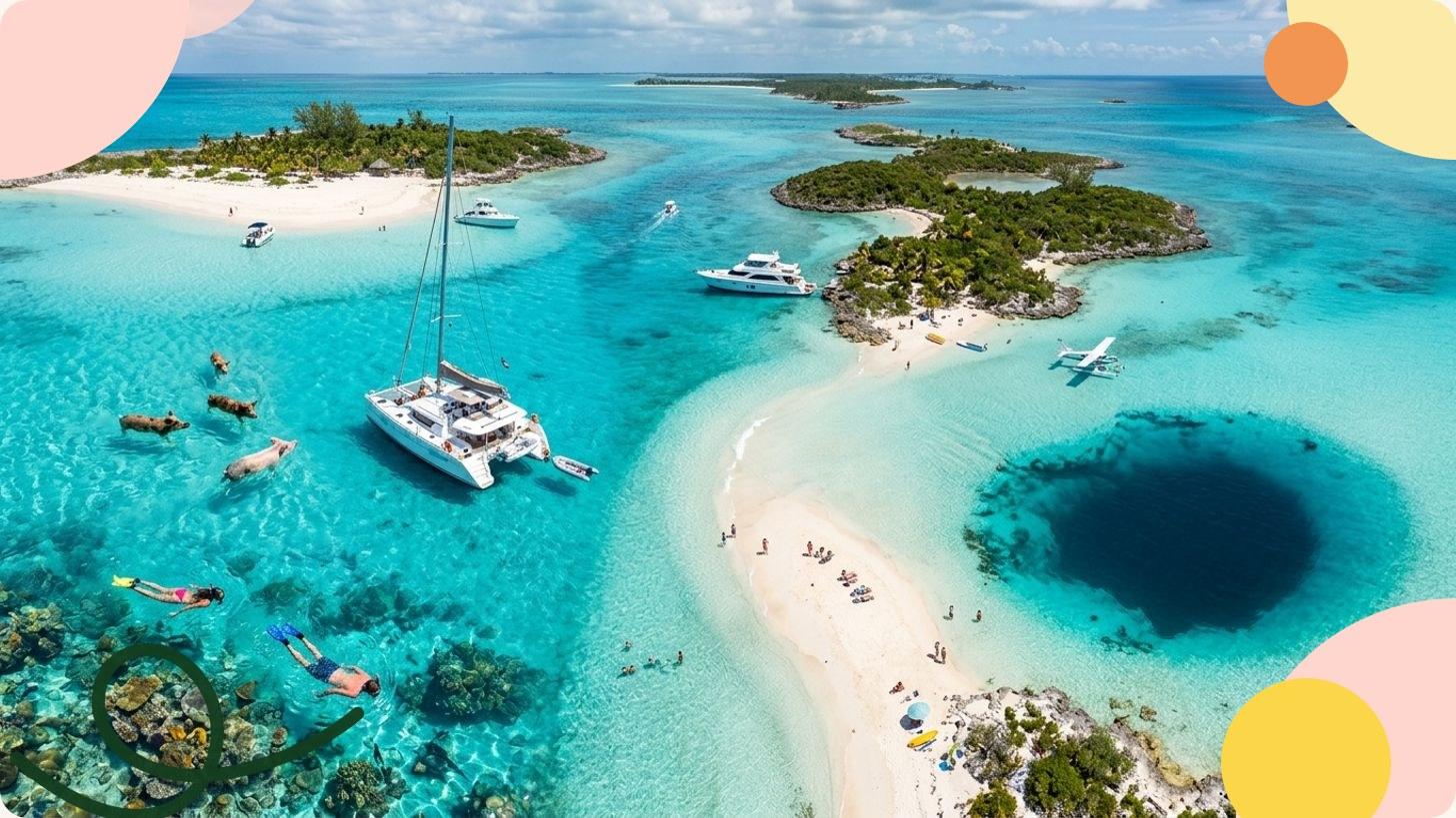 Aerial view of a paradise beach in the Bahamas with turquoise waters and wooded islets