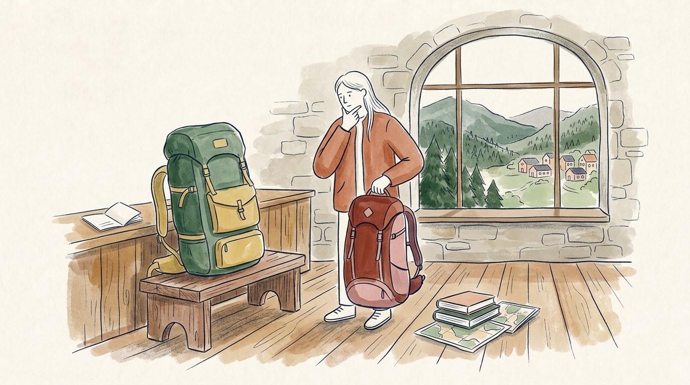 Voyageur avec un grand sac à dos de voyage face à un paysage de montagne au lever du soleil