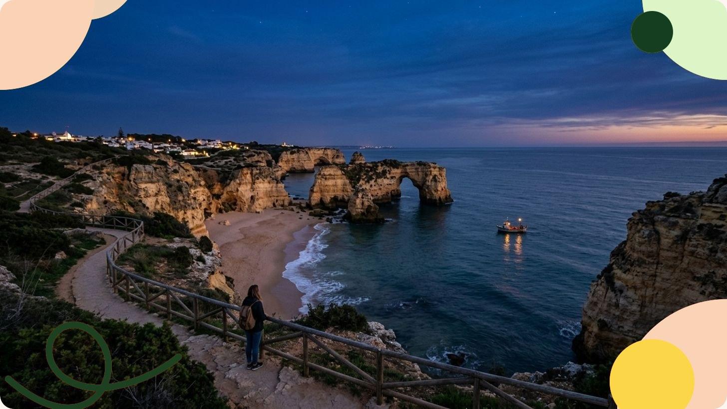 Golden Algarve cliffs towering above a white sandy beach and turquoise waters