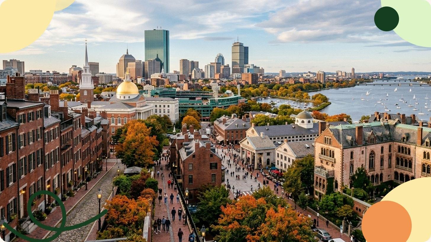 Vue aérienne de Boston au coucher de soleil, quartiers historiques de brique rouge et gratte-ciel modernes en arrière-plan