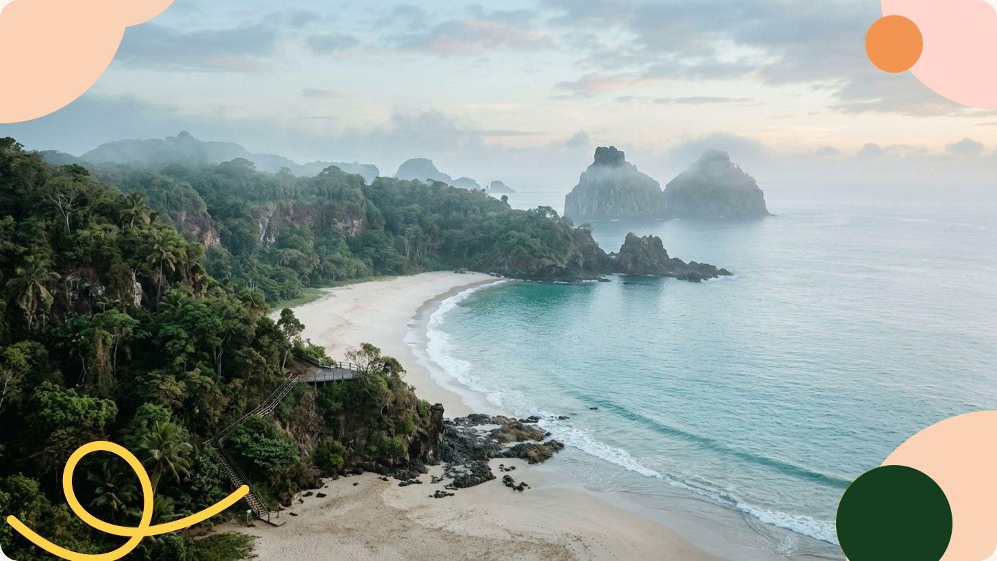 Plage tropicale brésilienne avec sable blanc, mer turquoise et palmiers sous un ciel ensoleillé