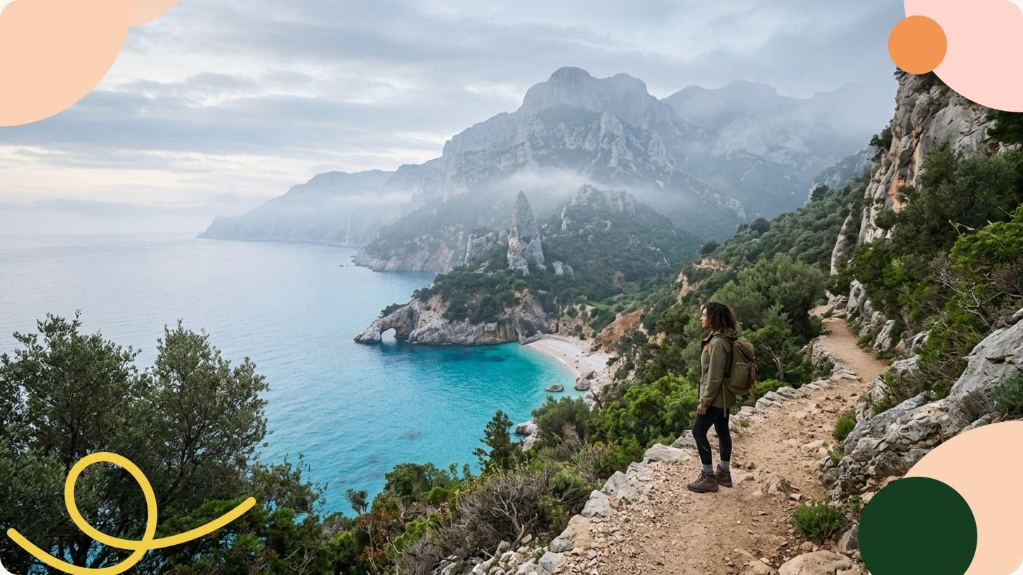Vue aérienne d'une baie turquoise sarde entourée d'îlots granitiques et de côtes méditerranéennes verdoyantes
