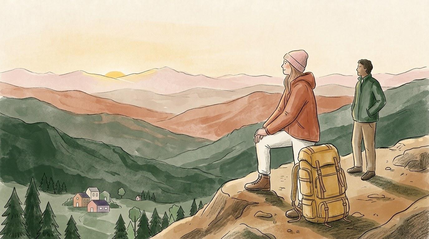 Entspannte Reisende betrachtet eine Landschaft, begleitet von Yupwego